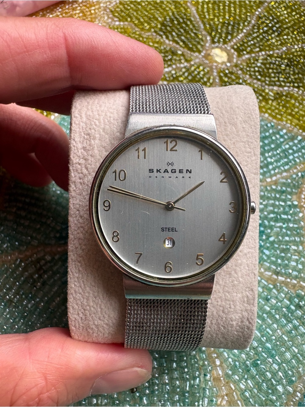 Skagen Men's Silver Minimalist Mesh Watch with Gold Accents